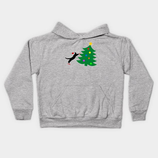 Cat ruining Christmas tree Kids Hoodie by Mandz11